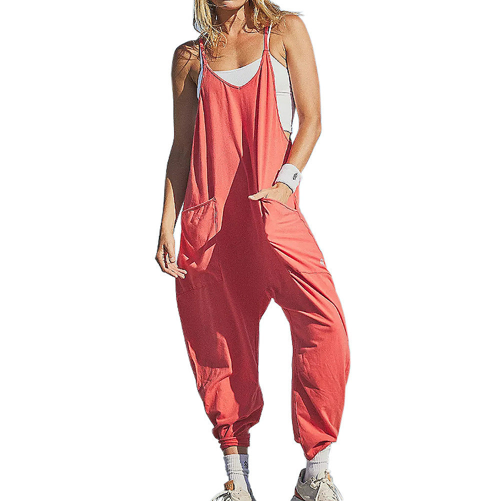 Women's Loose Sleeveless Jumpsuits Spaghetti Strap Stretchy Long Pant Romper Jumpsuit With Pockets Zipper